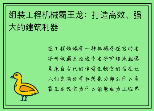 组装工程机械霸王龙：打造高效、强大的建筑利器